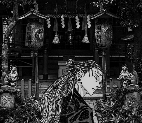 Manga character in front of a shrine