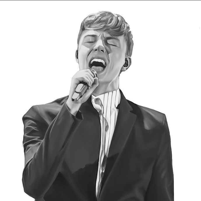 Digital drawing picturing Loic Nottet singig into a microphone at eurovision song contest.