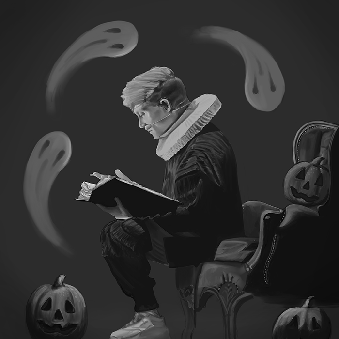 Digital drawing picturing Loic Nottet holding a book, sitting in a chair and being surounded by ghosts.