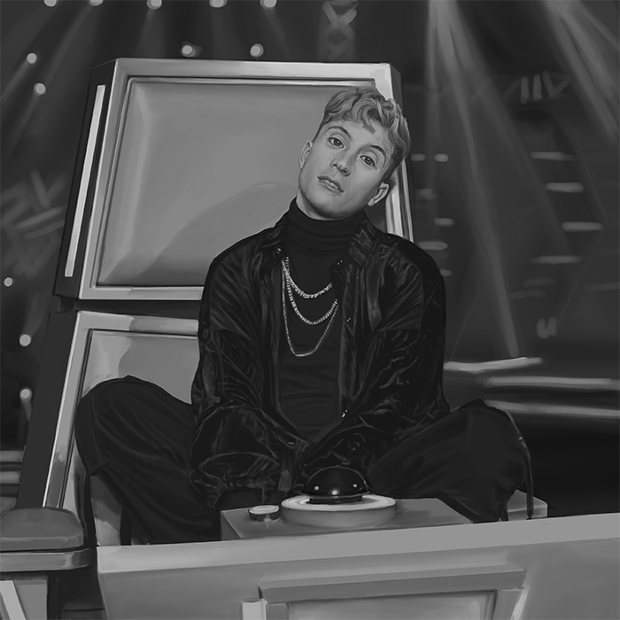 Digital drawing picturing Loic Nottet sitting in a chair at the television show The Voice.