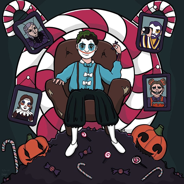 illustration of a guy in a costume sitting on a chair on top of a pile of candy. Behind the chair is a big lolly-pop and some candy canes.