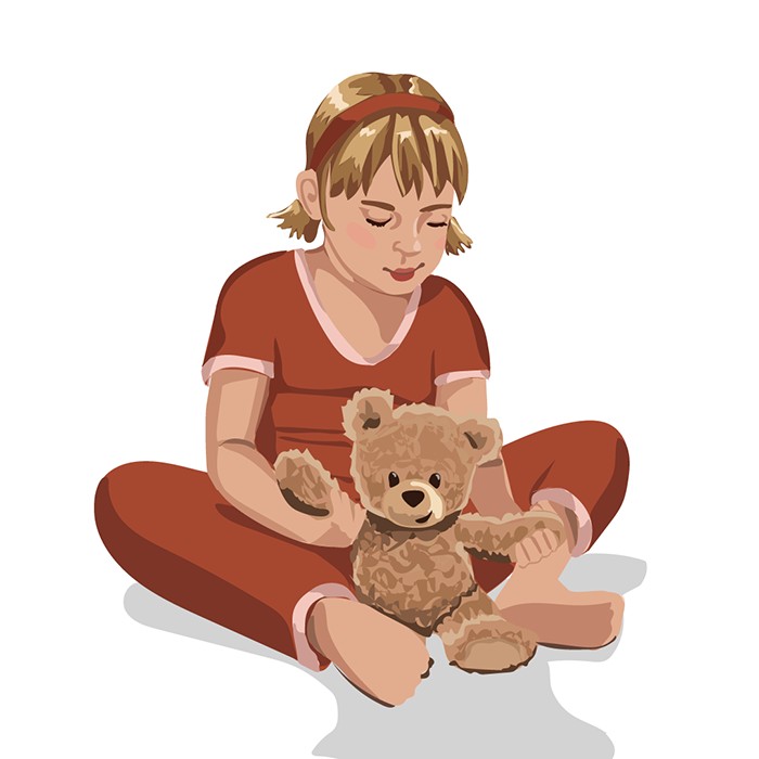 illustrated little girl playing with a teddy bear