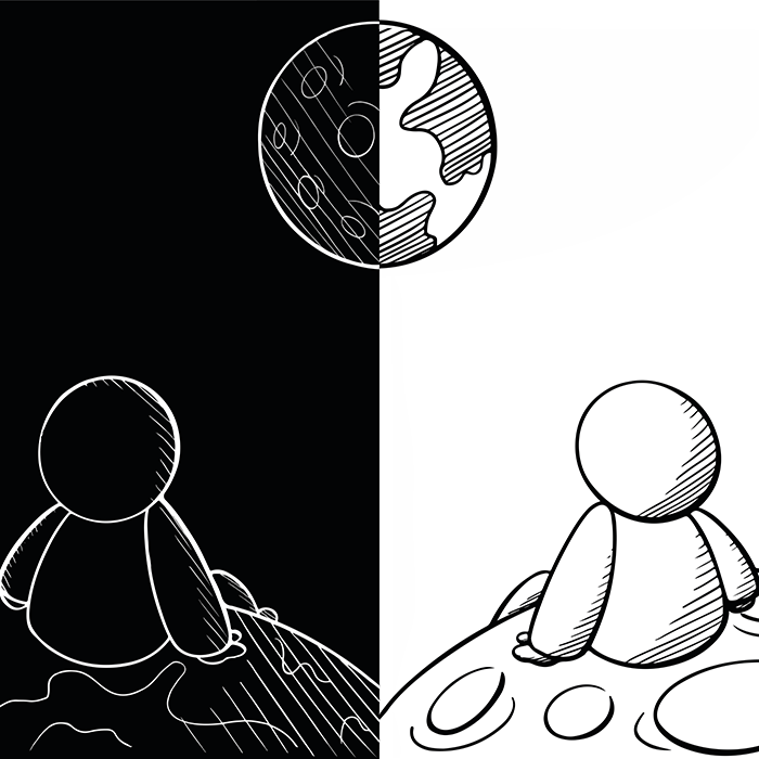 illustraion witha black and white half. Dark half has someone sitting on the earth/planet and looking towards the moon. The white half has someone sitting on the moon, looking towards the eart/planet.