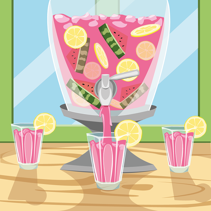 Illustration of a big contaoner of juice with pices of melon and lemon, in fornt of a window, getting emptied out into glasses.