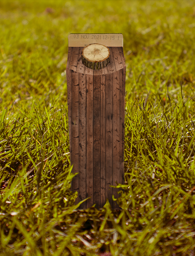 photoshoped picture, juice/milk box dressed in wood standing on grass