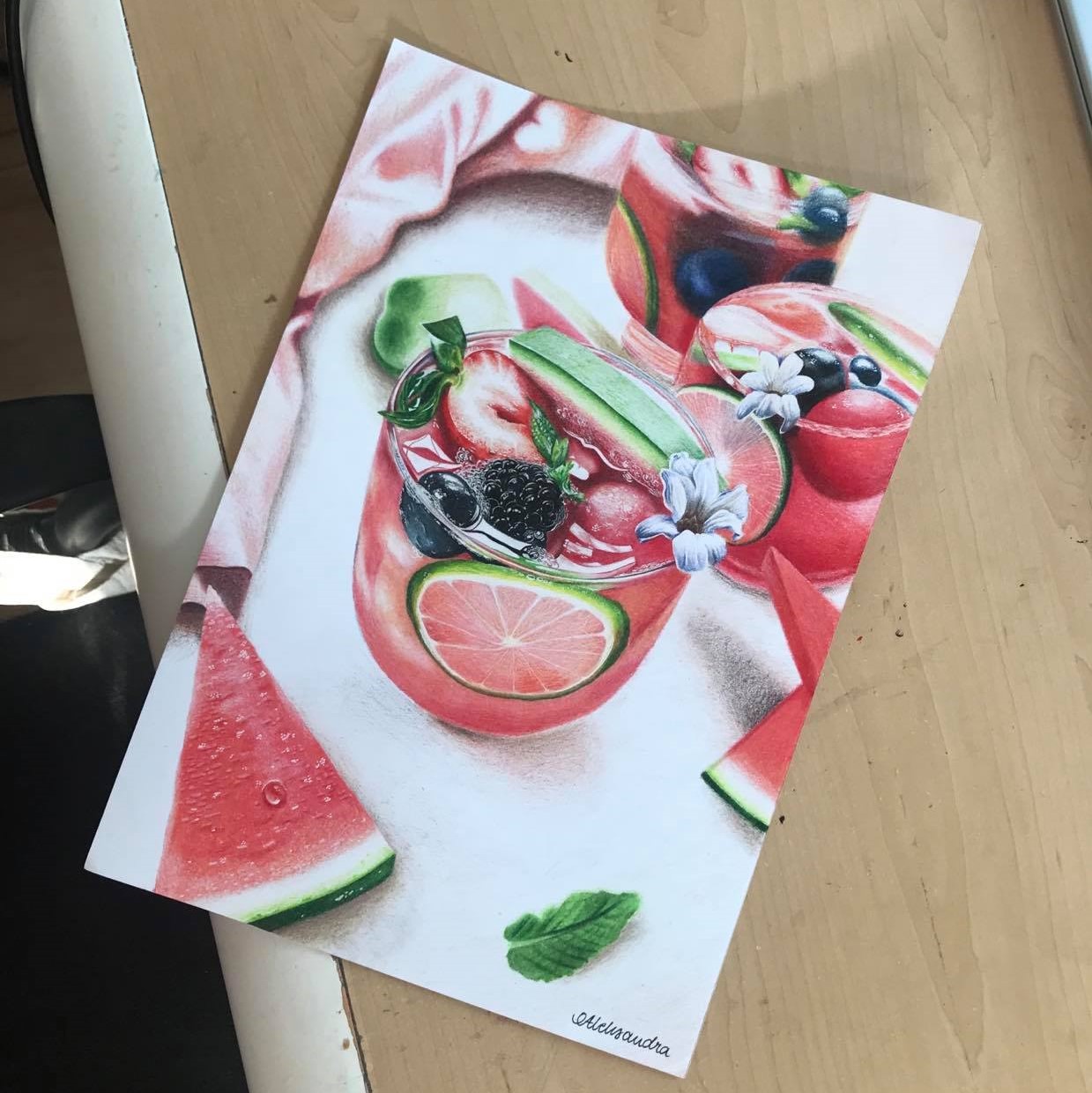 a drawing of a watermelon-strawberry drink