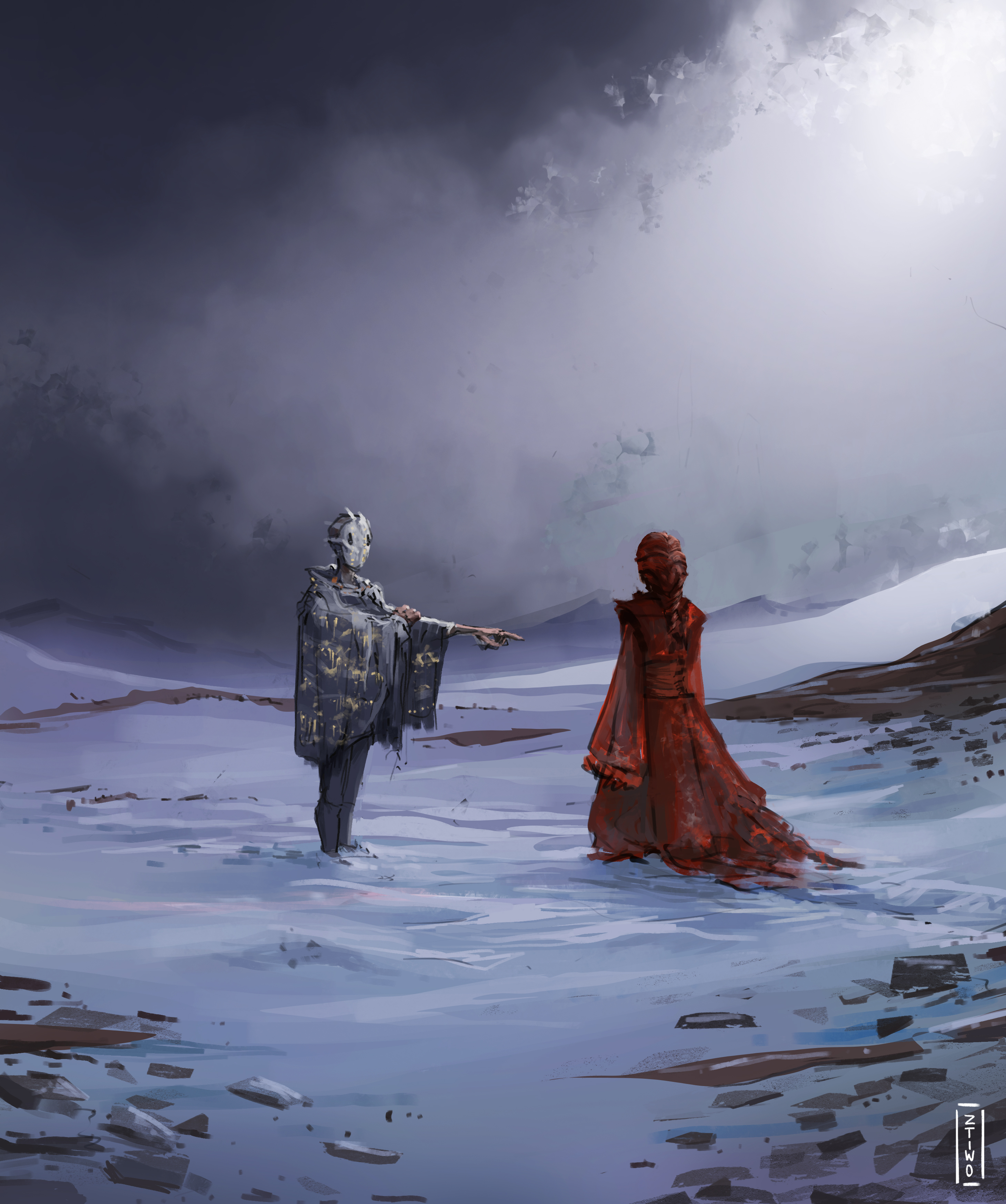 Digital artwork, two people in the snow.