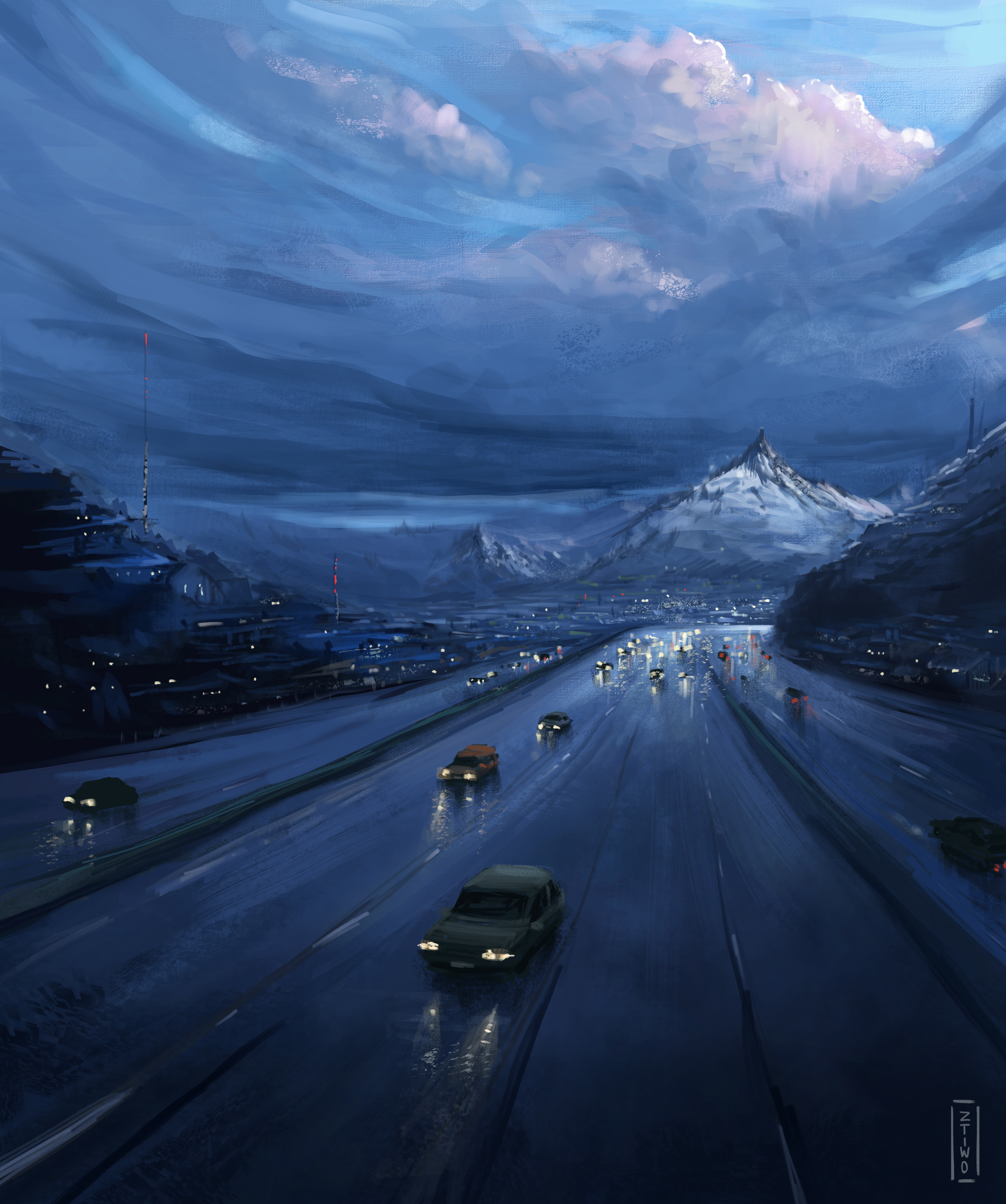 Digital artwork, busy road with mountain in the distance.