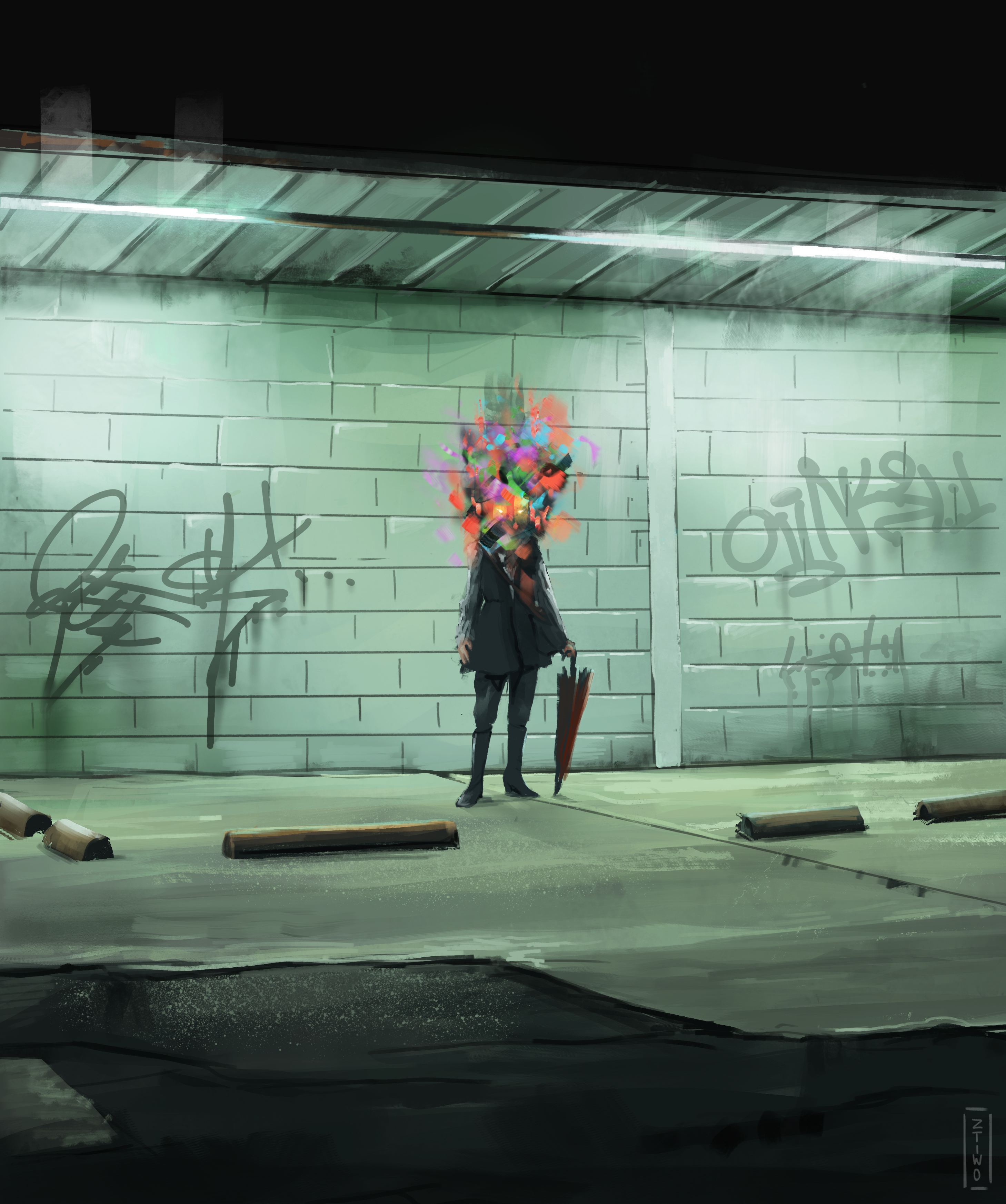 Digital artwork, person in front of a wall with graffiti.