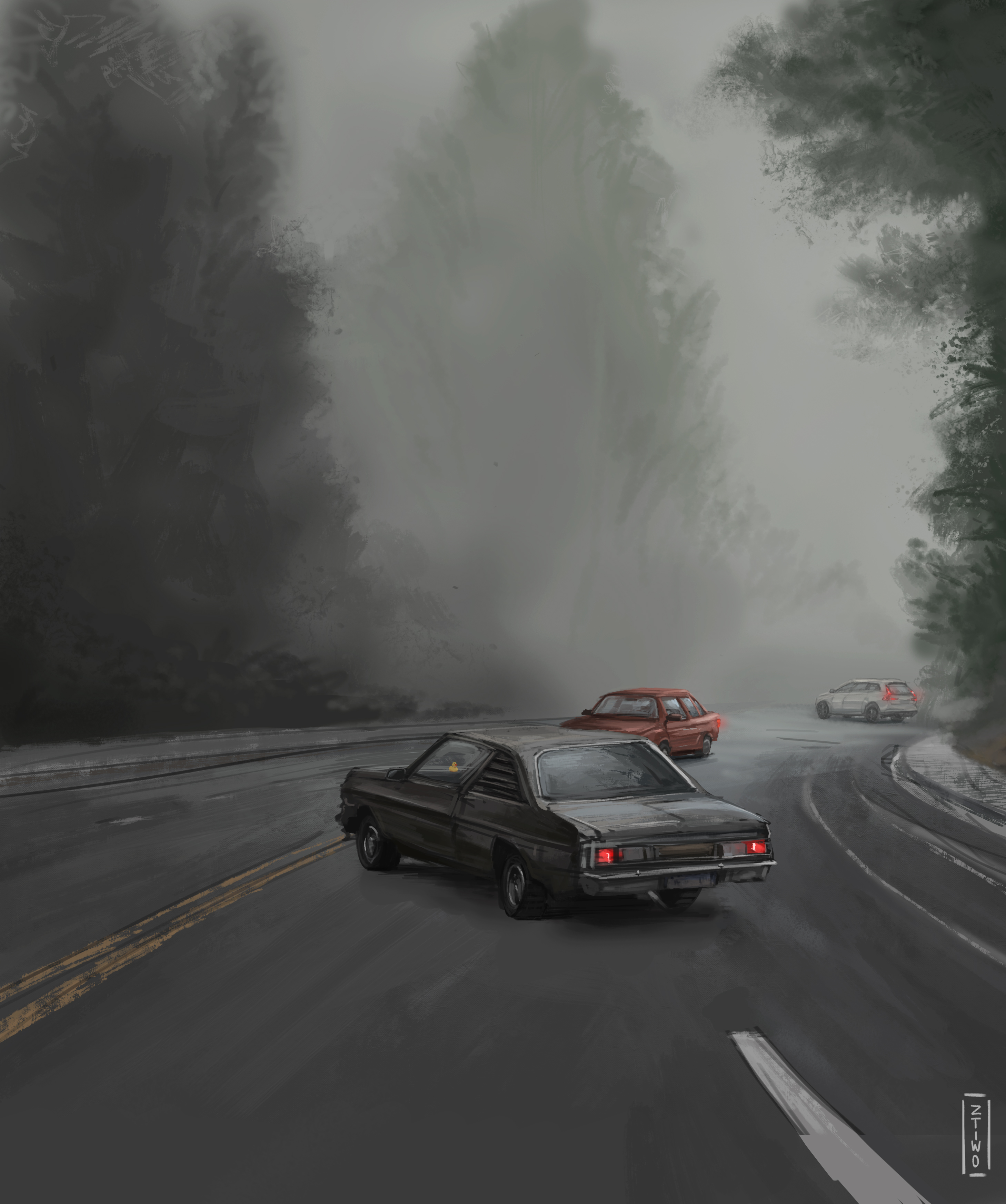 Digital artwork, cars on a foggy road.